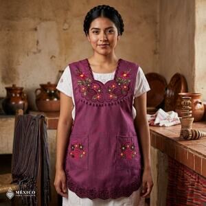 Burgundy Mexican Embroidered Smock Apron – Floral Traditional Design